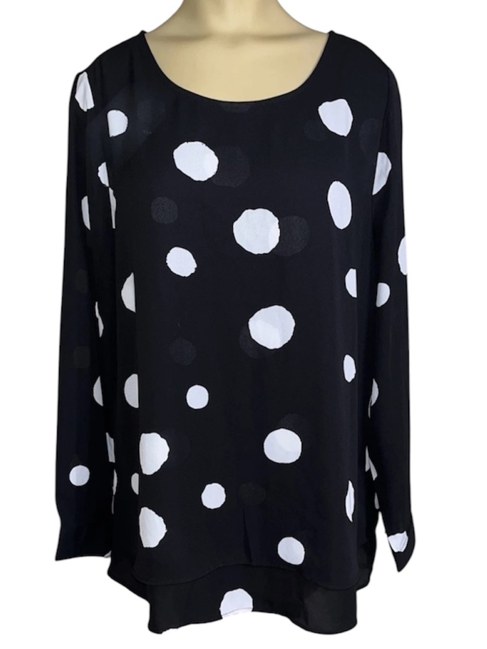 Chico's Blouse Black with Polka Dots, Long Sleeve, Size 2